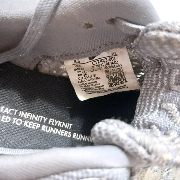 Nike React Infinity Run Flyknit Running Shoes – Gray & White - Size 8.5 - Picture 7 of 8
